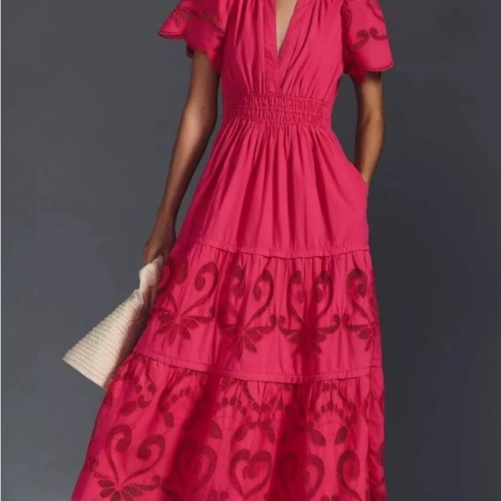 Anthropologie Fuchsia Pink Embroidered Maxi Dress